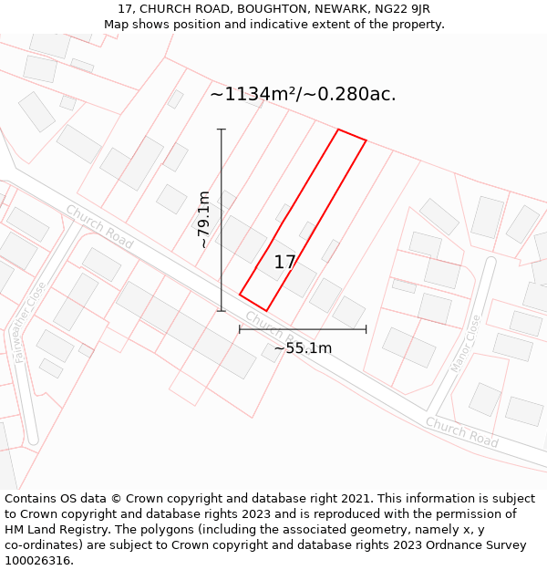 17, CHURCH ROAD, BOUGHTON, NEWARK, NG22 9JR: Plot and title map