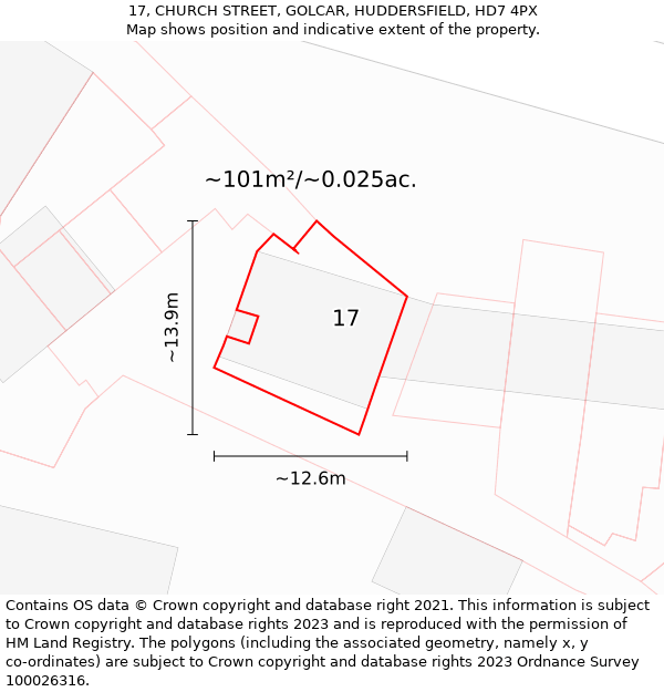 17, CHURCH STREET, GOLCAR, HUDDERSFIELD, HD7 4PX: Plot and title map