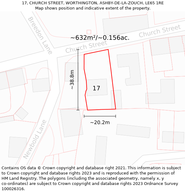 17, CHURCH STREET, WORTHINGTON, ASHBY-DE-LA-ZOUCH, LE65 1RE: Plot and title map