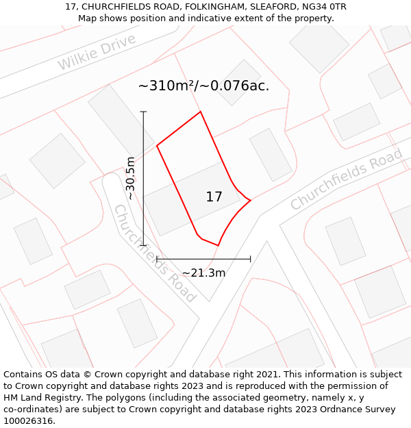 17, CHURCHFIELDS ROAD, FOLKINGHAM, SLEAFORD, NG34 0TR: Plot and title map