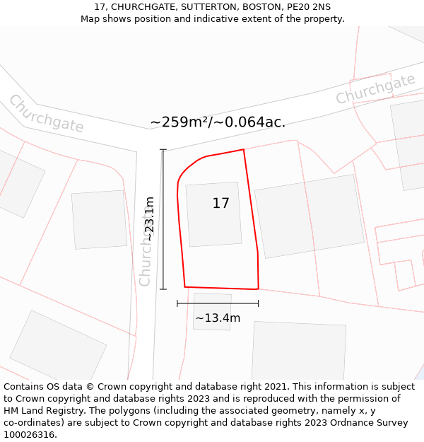 17, CHURCHGATE, SUTTERTON, BOSTON, PE20 2NS: Plot and title map