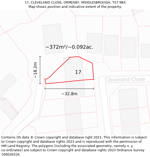 17, CLEVELAND CLOSE, ORMESBY, MIDDLESBROUGH, TS7 9BX: Plot and title map