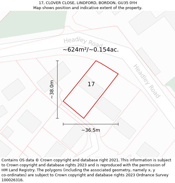 17, CLOVER CLOSE, LINDFORD, BORDON, GU35 0YH: Plot and title map