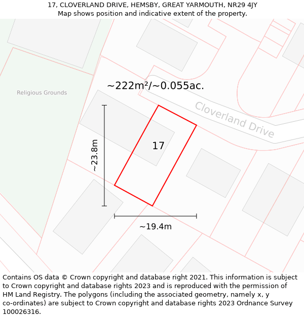 17, CLOVERLAND DRIVE, HEMSBY, GREAT YARMOUTH, NR29 4JY: Plot and title map