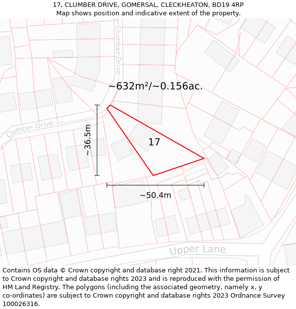 17, CLUMBER DRIVE, GOMERSAL, CLECKHEATON, BD19 4RP: Plot and title map