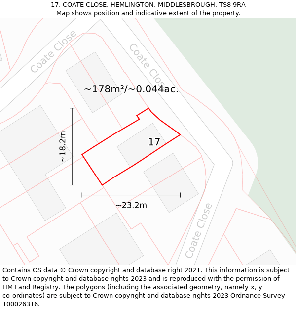 17, COATE CLOSE, HEMLINGTON, MIDDLESBROUGH, TS8 9RA: Plot and title map