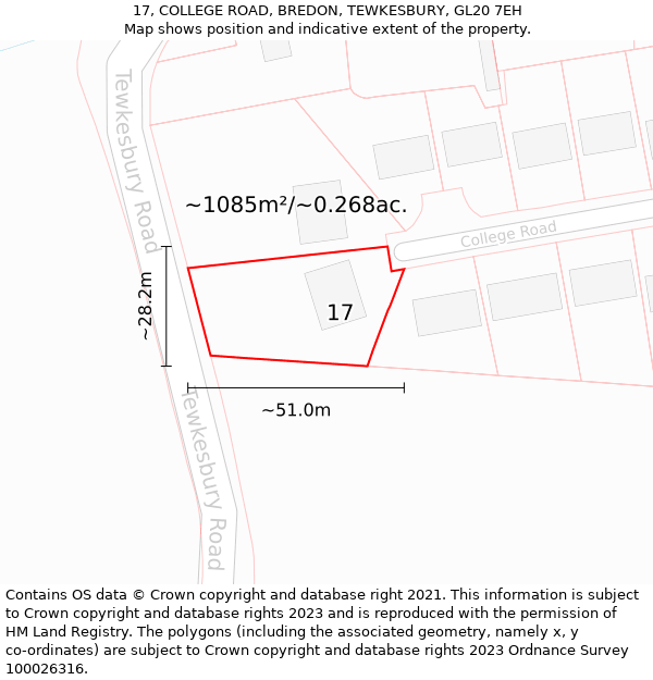 17, COLLEGE ROAD, BREDON, TEWKESBURY, GL20 7EH: Plot and title map