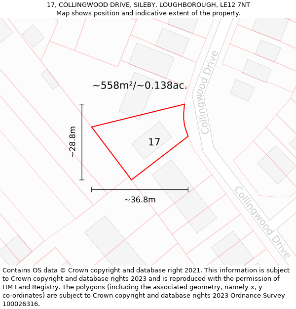 17, COLLINGWOOD DRIVE, SILEBY, LOUGHBOROUGH, LE12 7NT: Plot and title map