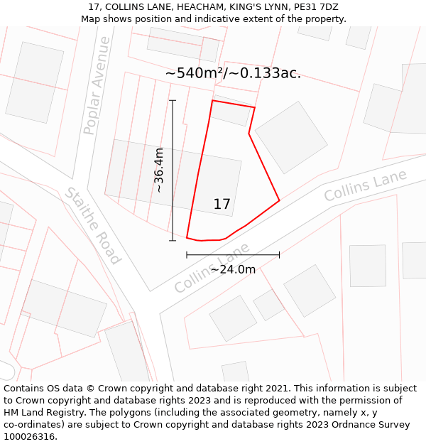 17, COLLINS LANE, HEACHAM, KING'S LYNN, PE31 7DZ: Plot and title map