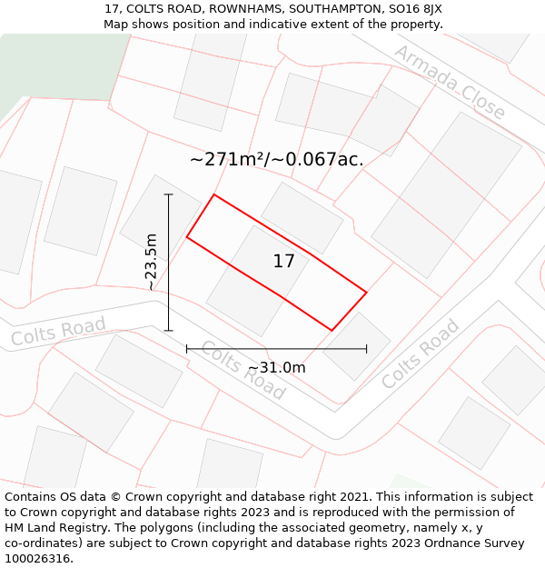 17, COLTS ROAD, ROWNHAMS, SOUTHAMPTON, SO16 8JX: Plot and title map