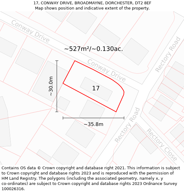 17, CONWAY DRIVE, BROADMAYNE, DORCHESTER, DT2 8EF: Plot and title map