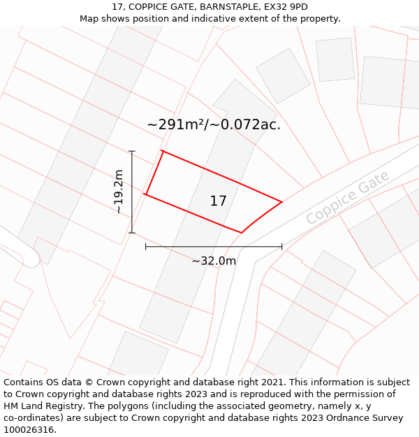 17, COPPICE GATE, BARNSTAPLE, EX32 9PD: Plot and title map
