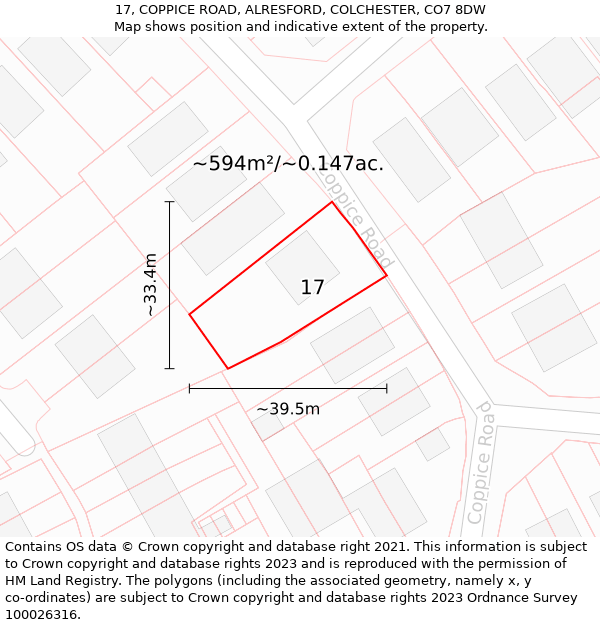 17, COPPICE ROAD, ALRESFORD, COLCHESTER, CO7 8DW: Plot and title map