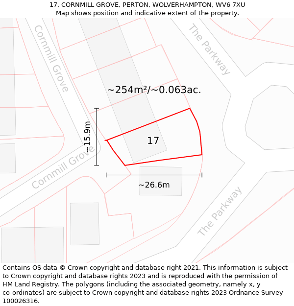 17, CORNMILL GROVE, PERTON, WOLVERHAMPTON, WV6 7XU: Plot and title map