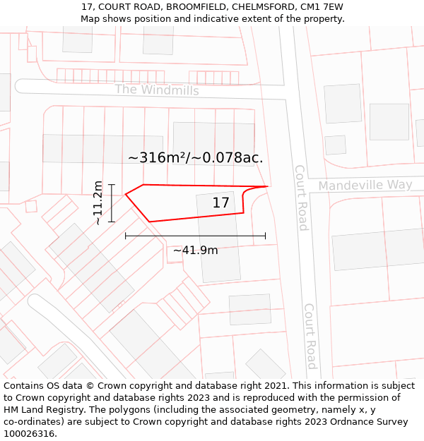 17, COURT ROAD, BROOMFIELD, CHELMSFORD, CM1 7EW: Plot and title map