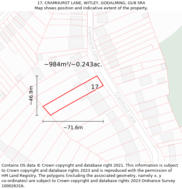 17, CRAMHURST LANE, WITLEY, GODALMING, GU8 5RA: Plot and title map