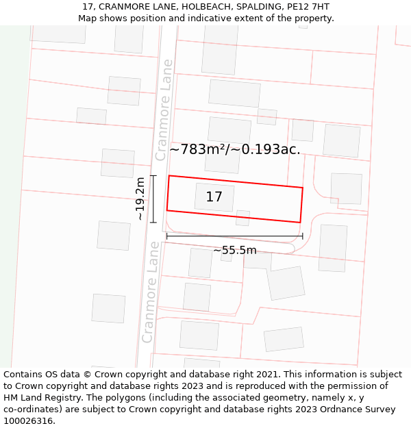 17, CRANMORE LANE, HOLBEACH, SPALDING, PE12 7HT: Plot and title map