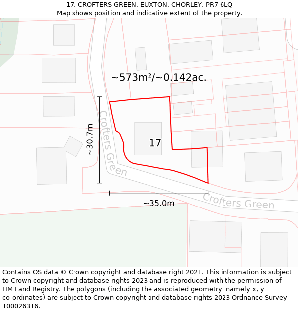 17, CROFTERS GREEN, EUXTON, CHORLEY, PR7 6LQ: Plot and title map