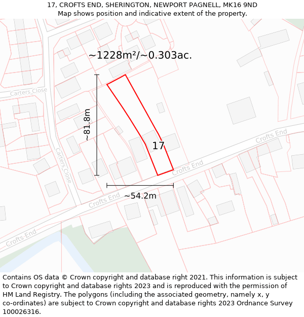 17, CROFTS END, SHERINGTON, NEWPORT PAGNELL, MK16 9ND: Plot and title map