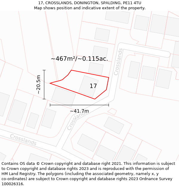 17, CROSSLANDS, DONINGTON, SPALDING, PE11 4TU: Plot and title map