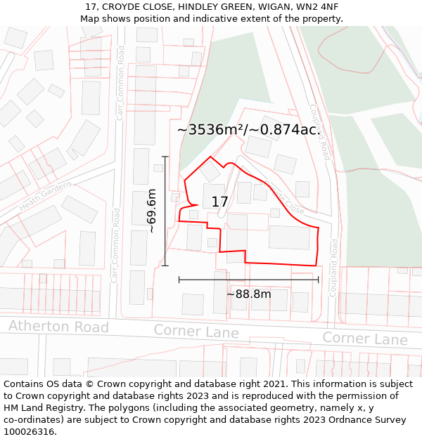 17, CROYDE CLOSE, HINDLEY GREEN, WIGAN, WN2 4NF: Plot and title map