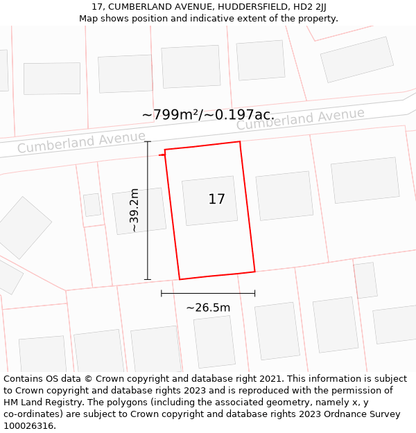 17, CUMBERLAND AVENUE, HUDDERSFIELD, HD2 2JJ: Plot and title map