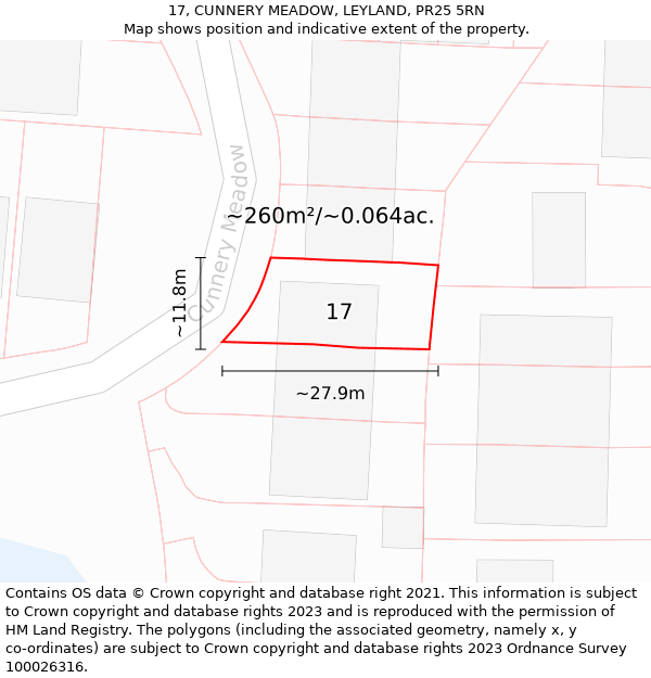 17, CUNNERY MEADOW, LEYLAND, PR25 5RN: Plot and title map