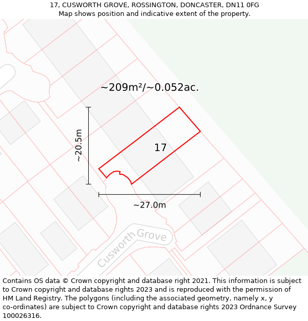 17, CUSWORTH GROVE, ROSSINGTON, DONCASTER, DN11 0FG: Plot and title map