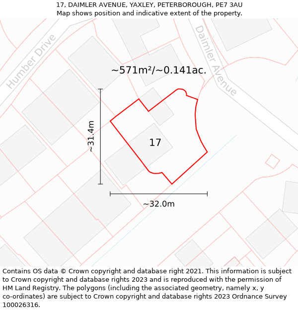 17, DAIMLER AVENUE, YAXLEY, PETERBOROUGH, PE7 3AU: Plot and title map