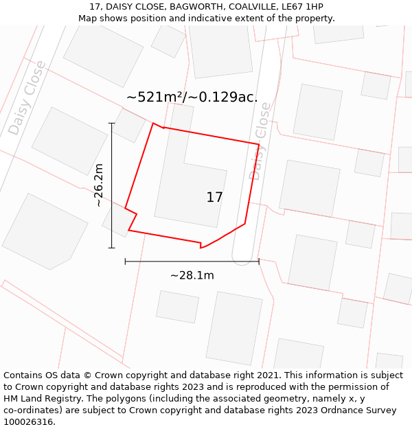 17, DAISY CLOSE, BAGWORTH, COALVILLE, LE67 1HP: Plot and title map