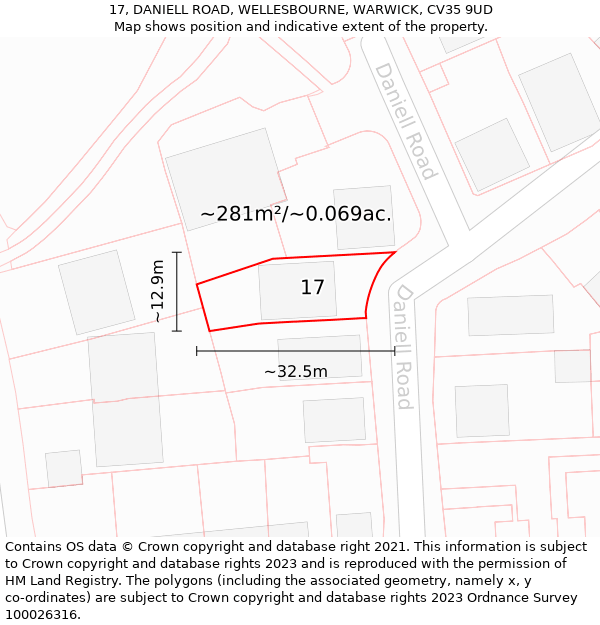 17, DANIELL ROAD, WELLESBOURNE, WARWICK, CV35 9UD: Plot and title map