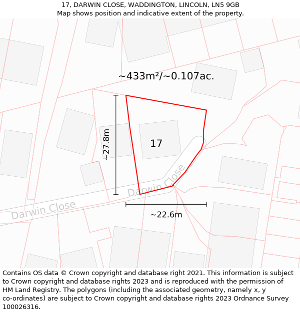 17, DARWIN CLOSE, WADDINGTON, LINCOLN, LN5 9GB: Plot and title map