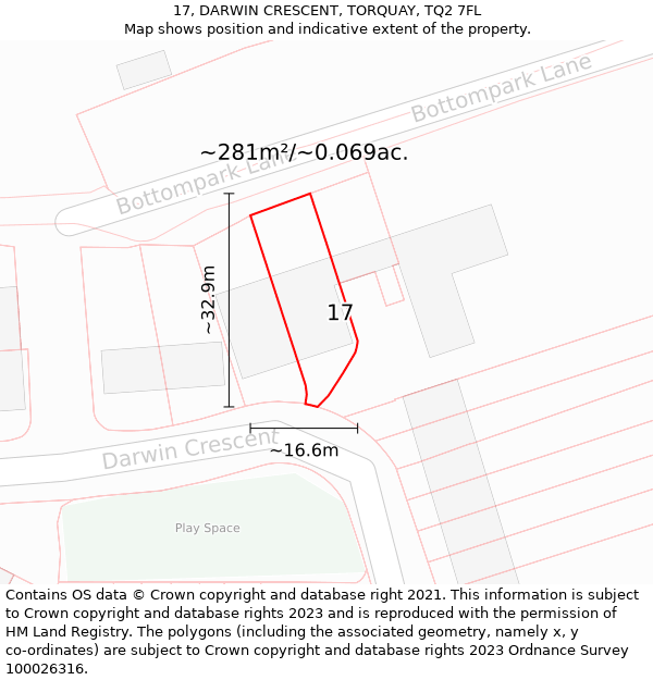 17, DARWIN CRESCENT, TORQUAY, TQ2 7FL: Plot and title map