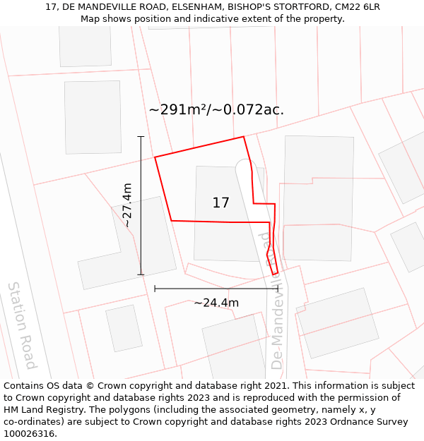 17, DE MANDEVILLE ROAD, ELSENHAM, BISHOP'S STORTFORD, CM22 6LR: Plot and title map