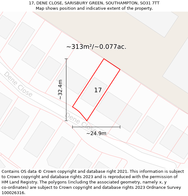 17, DENE CLOSE, SARISBURY GREEN, SOUTHAMPTON, SO31 7TT: Plot and title map