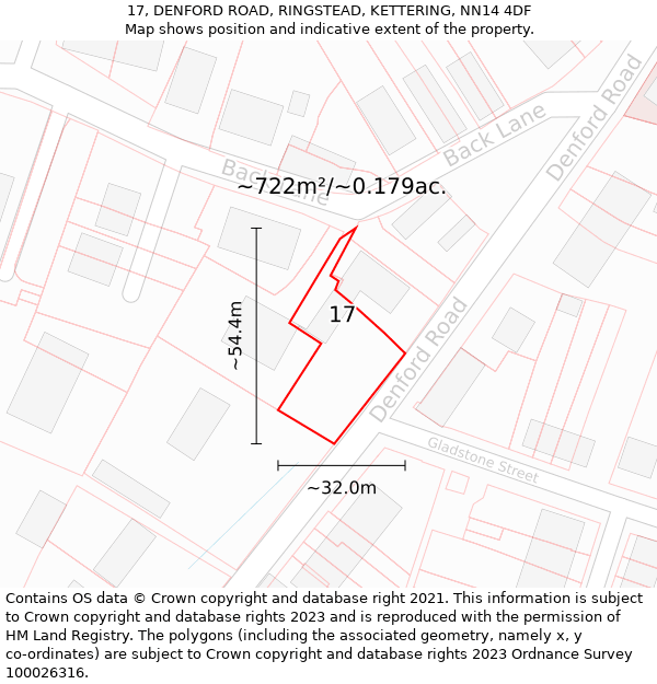 17, DENFORD ROAD, RINGSTEAD, KETTERING, NN14 4DF: Plot and title map