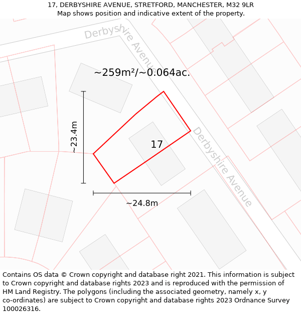 17, DERBYSHIRE AVENUE, STRETFORD, MANCHESTER, M32 9LR: Plot and title map