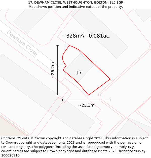 17, DEWHAM CLOSE, WESTHOUGHTON, BOLTON, BL5 3GR: Plot and title map