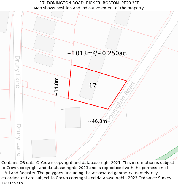 17, DONINGTON ROAD, BICKER, BOSTON, PE20 3EF: Plot and title map