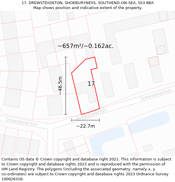 17, DREWSTEIGNTON, SHOEBURYNESS, SOUTHEND-ON-SEA, SS3 8BA: Plot and title map