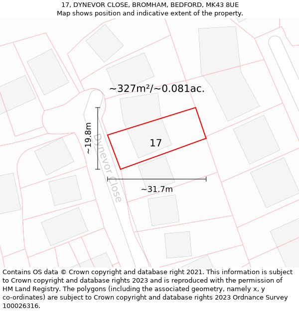 17, DYNEVOR CLOSE, BROMHAM, BEDFORD, MK43 8UE: Plot and title map