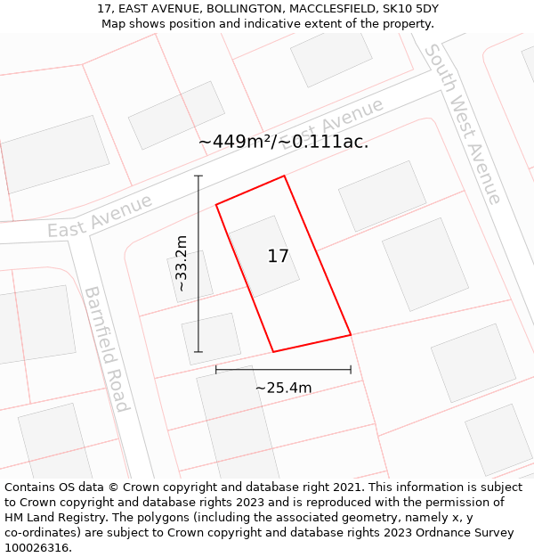 17, EAST AVENUE, BOLLINGTON, MACCLESFIELD, SK10 5DY: Plot and title map