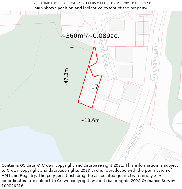 17, EDINBURGH CLOSE, SOUTHWATER, HORSHAM, RH13 9XB: Plot and title map