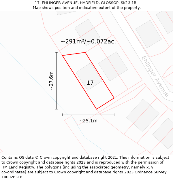 17, EHLINGER AVENUE, HADFIELD, GLOSSOP, SK13 1BL: Plot and title map