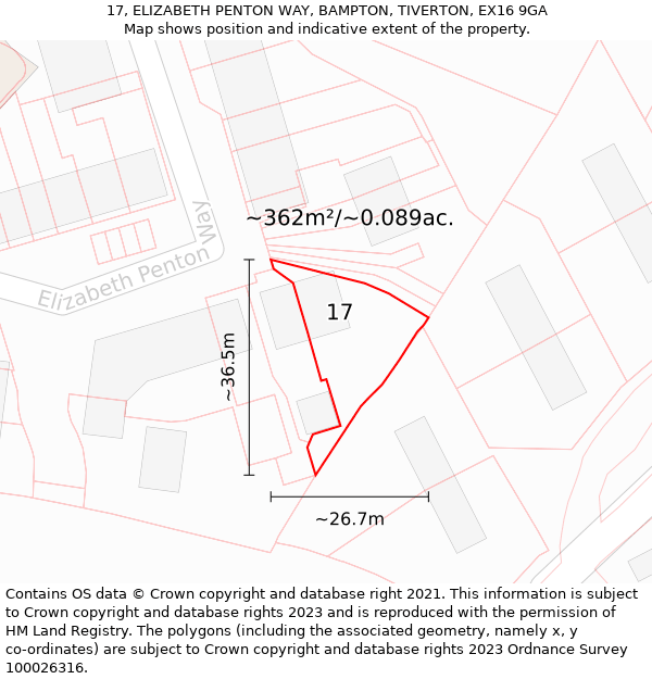 17, ELIZABETH PENTON WAY, BAMPTON, TIVERTON, EX16 9GA: Plot and title map