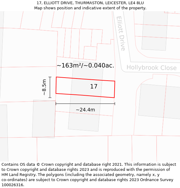 17, ELLIOTT DRIVE, THURMASTON, LEICESTER, LE4 8LU: Plot and title map