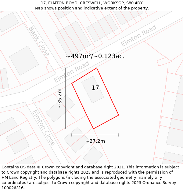 17, ELMTON ROAD, CRESWELL, WORKSOP, S80 4DY: Plot and title map