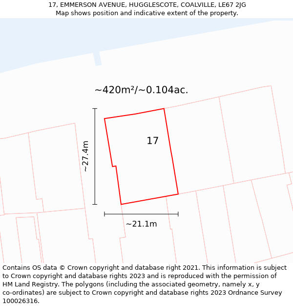 17, EMMERSON AVENUE, HUGGLESCOTE, COALVILLE, LE67 2JG: Plot and title map