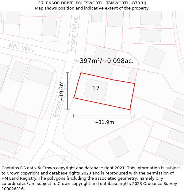 17, ENSOR DRIVE, POLESWORTH, TAMWORTH, B78 1JJ: Plot and title map