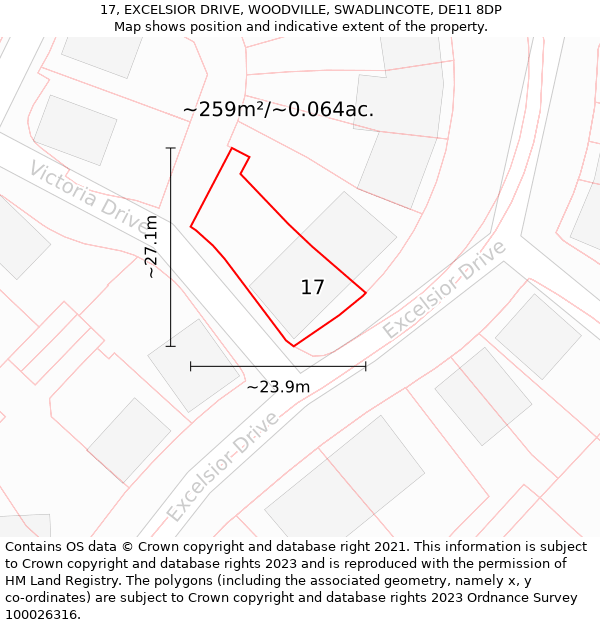 17, EXCELSIOR DRIVE, WOODVILLE, SWADLINCOTE, DE11 8DP: Plot and title map